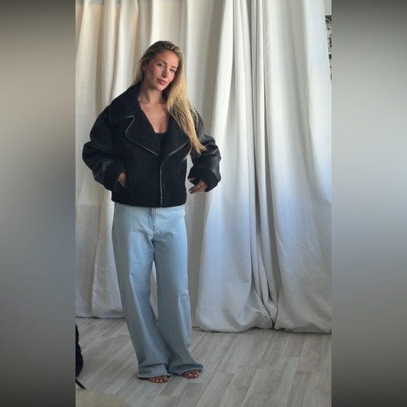 NWT Black Shearling & Leather Jacket sheep coat superdown anja bomber l’academie - Picture 8 of 10